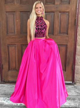 Two Piece High Neck Beading Open Back Fuchsia Satin Prom Dress