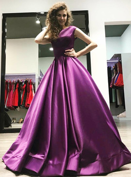 Elegant A-Line Bateau Long Pleated Purple Satin Prom Dress