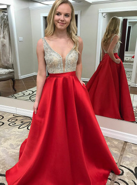 Long Red Satin Beading A-Line V-Neck Backless Prom Dress