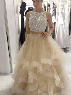 Two Piece Sequin Open Back Backless Champagne Tulle Prom Dress