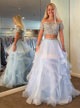 Two Piece Off Shoulder Tiered Beading Blue Tulle Prom Dress