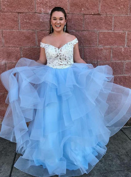 Long Two Piece Off-the-Shoulder Tiered Blue Tulle Prom Dress