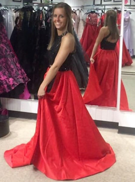 Two Piece Round Neck Black Red Split Satin Prom Dress 