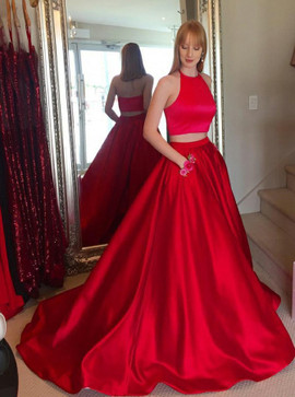 Two Piece Halter Pockets Appliques Red Satin Prom Dress