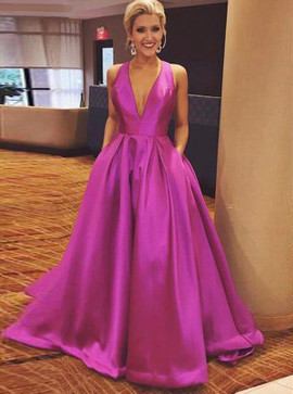Fuchsia Satin Deep V-Neck Open Back Prom Dress With Pockets