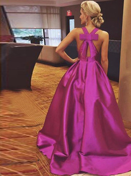 Fuchsia Satin Deep V-Neck Open Back Prom Dress With Pockets