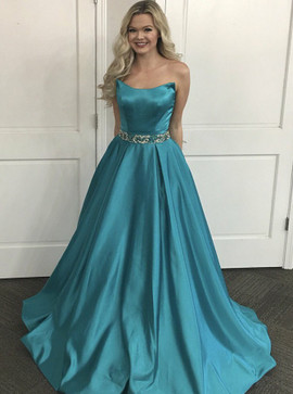 Beading A-Line Strapless Long Turquoise Satin Prom Dress