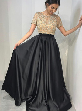 Beading Two Piece Short Sleeves Black Satin Prom Dress