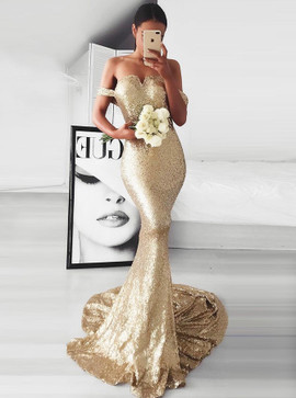 Off-the-Shoulder Long Champagne Sequin Mermaid Prom Dress