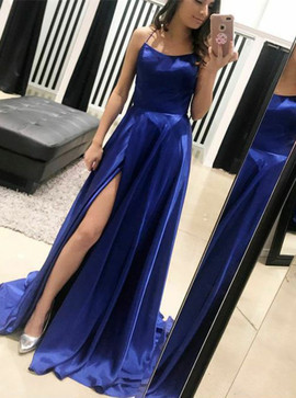 Royal Blue Chiffon Backless Sexy Spaghetti Straps Prom Dress
