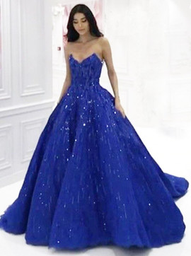Ball Gown Sweetheart Sequin Royal Blue Satin Prom Evening Dress 