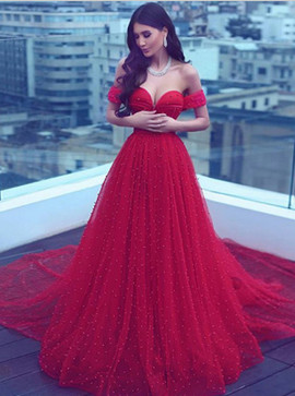 Long A-Line Off-the-Shoulder Dark Red Lace Prom Dress