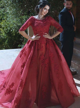 Half Sleeves Burgundy Tulle A-Line Bateau Appliques Prom Dress
