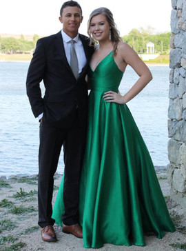 Pleats  V-Neck Long Hunter Green Satin Prom Dress
