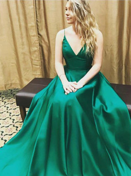 Pleats  V-Neck Long Hunter Green Satin Prom Dress