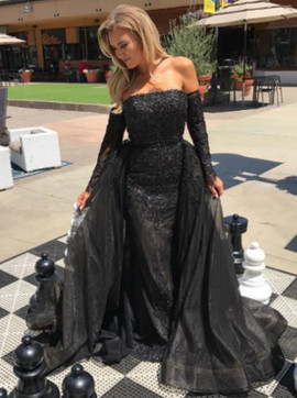  Detachable Train Sheath Long Sleeves Black Tulle Prom Dress 