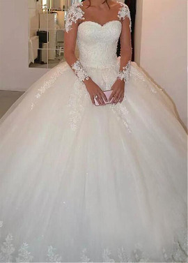 Tulle Long Sleeves Ball Gown Wedding Dress With Lace