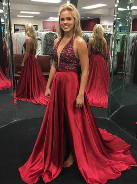 Beading Split A-Line Halter Backless Dark Red Prom Dress