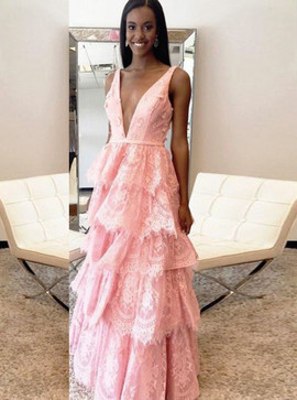 Appliques Deep V-Neck Tiered Pink Lace Backless Prom Dress
