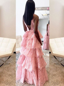 Appliques Deep V-Neck Tiered Pink Lace Backless Prom Dress
