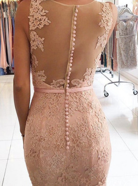 Sheer Back Mermaid V-Neck Beading Appliques Pink Lace Prom Dress