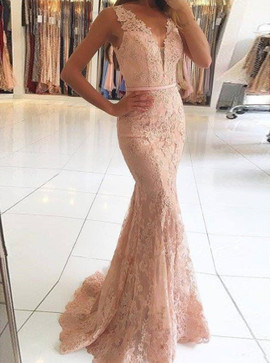 Sheer Back Mermaid V-Neck Beading Appliques Pink Lace Prom Dress