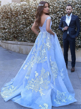 Blue Tulle Appliques Ball Gown Off-the-Shoulder Long Prom Dress