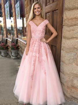 Cheap V-Neck Cap Sleeves Pink Tulle Beading Appliques Prom Dress
