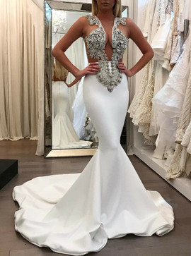 Mermaid Beading Jewel Long Elastic Satin White Prom Dress