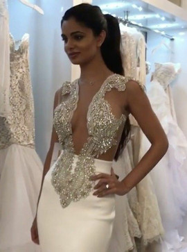 Mermaid Beading Jewel Long Elastic Satin White Prom Dress