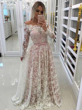  Lace Appliques Sleeves Off-the-Shoulder White Tulle Prom Dress