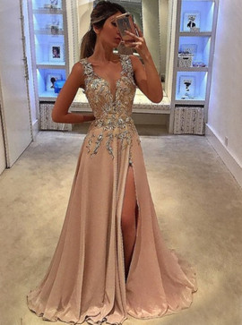 Deep V-Neck Appliques Floral Champagne Chiffon Prom Dress