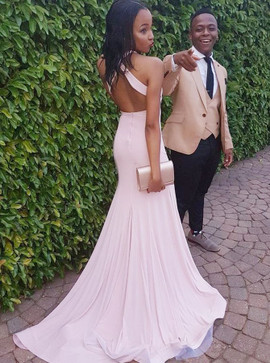 
Split Sheath Halter Pearl Pink Open Back Prom Dress 
