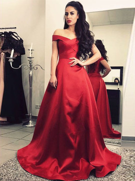 A-Line Off-the-Shoulder Long Ruched Burgundy Satin Prom Dress