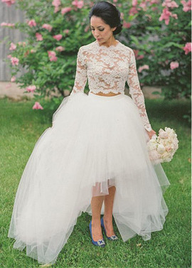 Long Sleeve See-through Two-piece Hi-li Ball Gown Wedding Dress