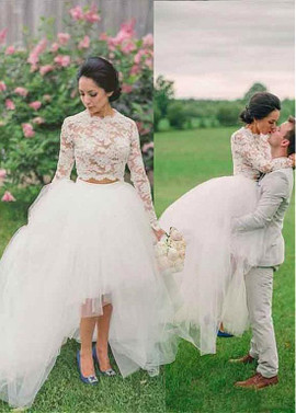 Long Sleeve See-through Two-piece Hi-li Ball Gown Wedding Dress