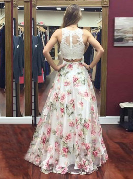Appliques Print Two Piece Round Neck Floral Chiffon Prom Dress