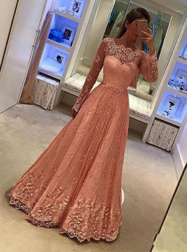 Appliques Scalloped-Edge Long Sleeves Peach Lace Prom Dress 
