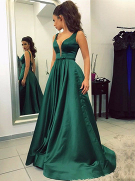 Pockets V-Neck Sweep Train Emerald Green Satin Prom Dress 