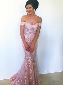 Mermaid Off-the-Shoulder Long  Lilac Tulle Appliques Prom Dress