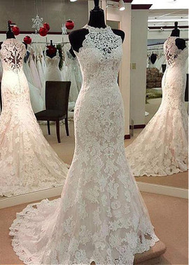 High Neck Mermaid Wedding Dress With Beadings