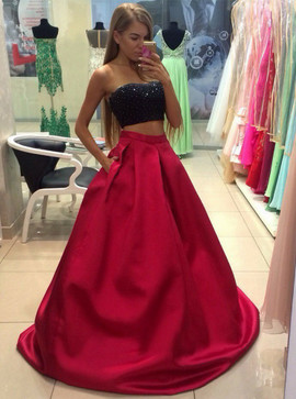 Beading Pockets Two Piece Strapless Black Red Satin Prom Dress