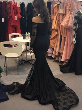 Long Sleeves  Appliques Mermaid Off-the-Shoulder Black Prom Dress