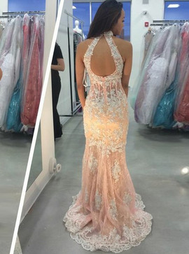 Coral Lace Appliques Mermaid High Neck Open Back Prom Dress