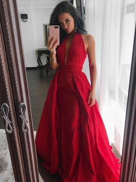 Sheath Halter Long Backless Pleated Red Satin Prom Dress