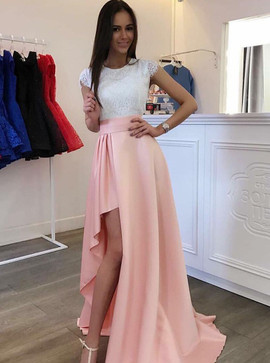High Low Cap Sleeves Detachable Train Pearl Pink Prom Homecoming Dress 