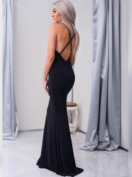 Long Black Elastic Satin Mermaid Spaghetti Straps Prom Dress