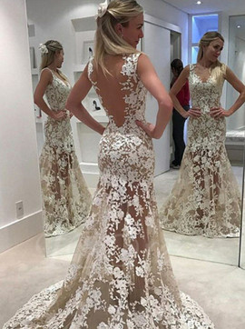 Sheath Column Scoop Illusion Back Long White Lace Prom Dress