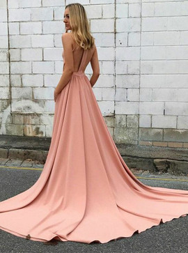 Cut Out Back with Pockets Blush High Neck Court Train Prom Dress 