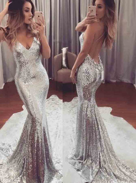 Backless Silver Sequin Mermaid Spaghetti Straps Prom Dress